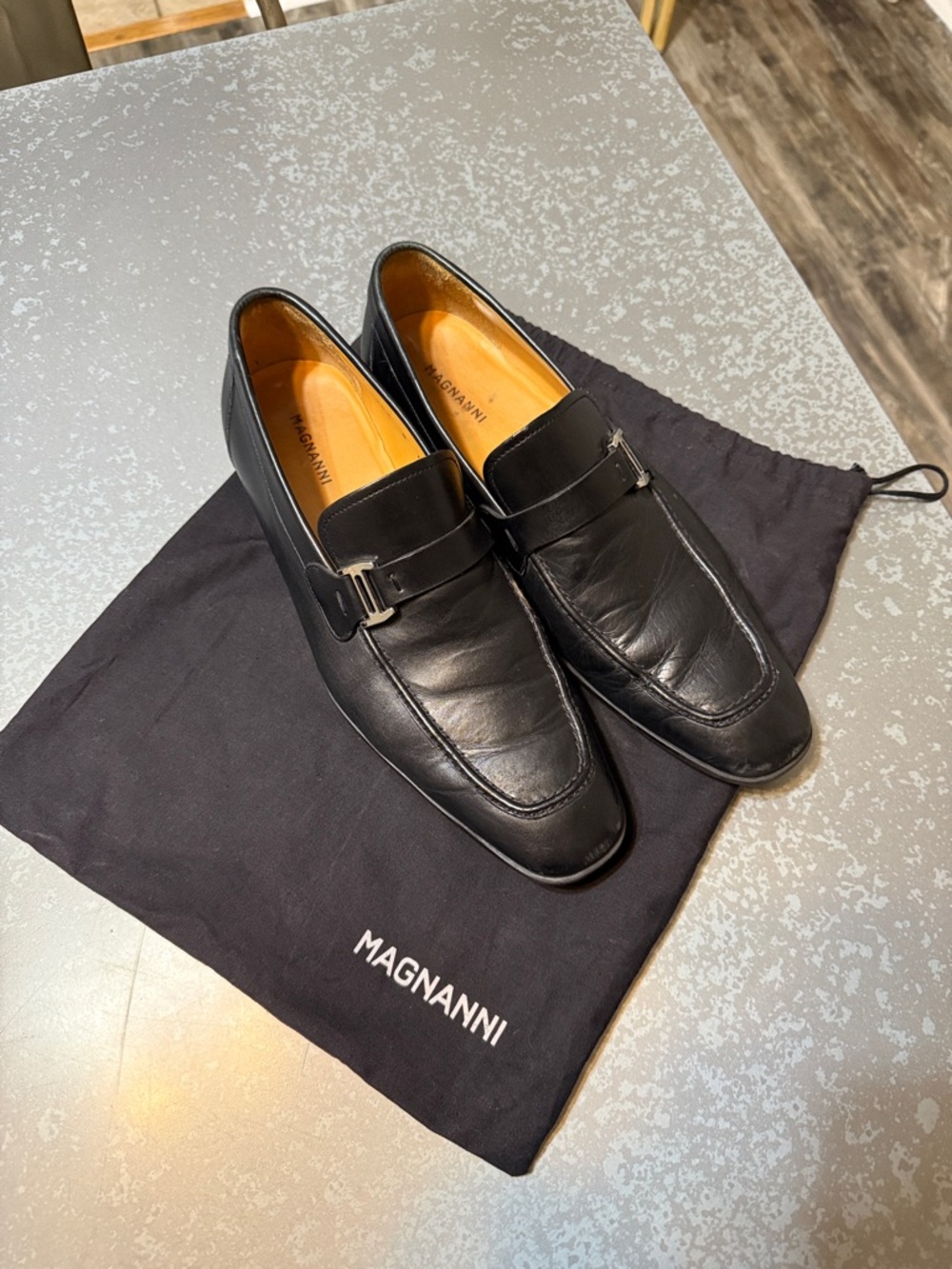 Magnanni Black Leather Slip-On Loafers with Buckle Accent